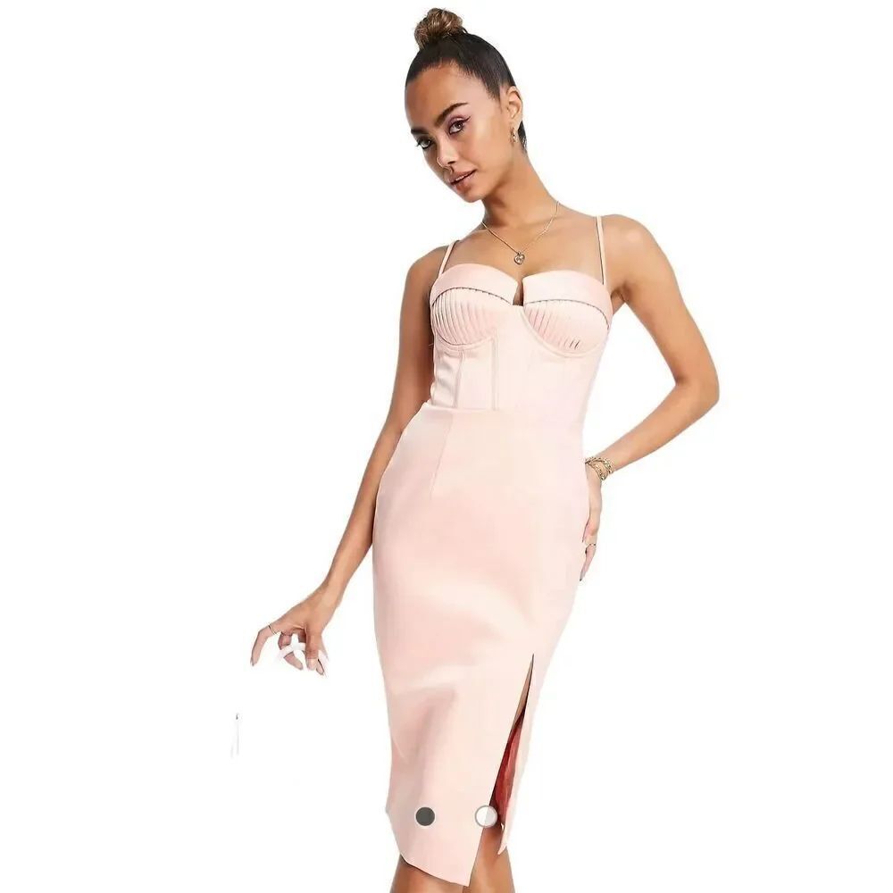 Lavish Alice pleated corset detail thigh split midi dress in peach NWT Size 10